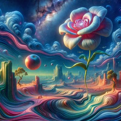 The primary subject of the image is a large, colorful flower with a pink center, surrounded by a vibrant and surreal landscape. The flower is situated in the middle of the scene, with a tree nearby. The setting appears to be a fantastical, artistic world, possibly a digital art or illustration. The colors and mood of the image are lively and imaginative, with a sense of wonder and creativity.